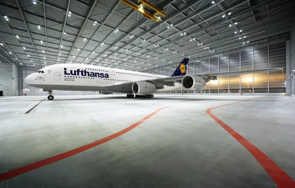 The plane, Liner, Airport, Hangar, A380, Lighting, Lufthansa, Passenger