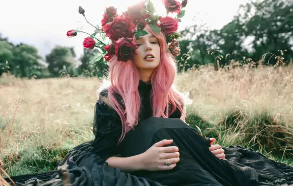 Girl, roses, pink hair, Alexandra Cameron