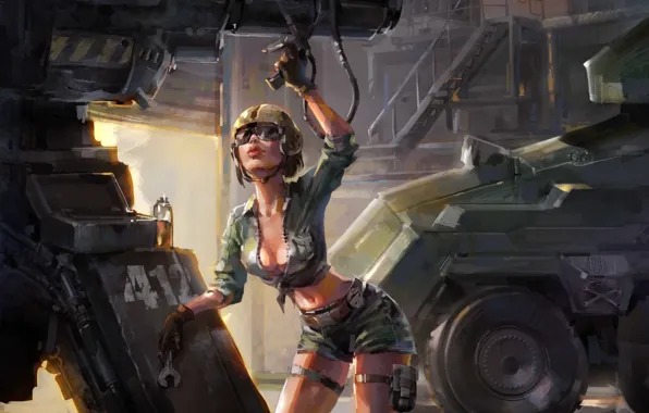 Girl, technique, mechanic, art, helmet, repair