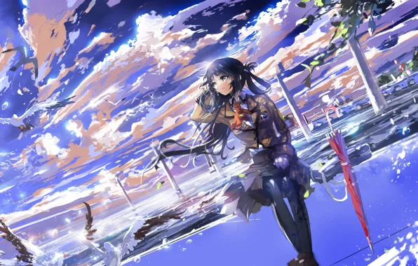 The sky, girl, clouds, birds, umbrella, anime, art, form