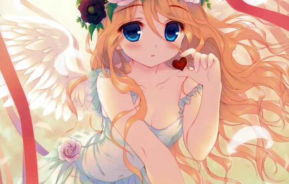 Picture girl, flowers, wings, anime, feathers, art, heart, wreath