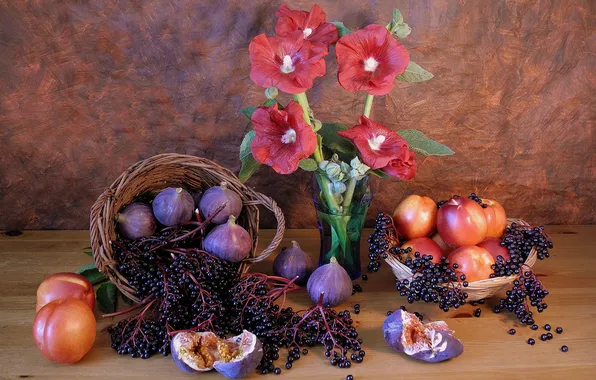 Flowers, berries, vase, fruit, still life, nectarine, figs, mallow