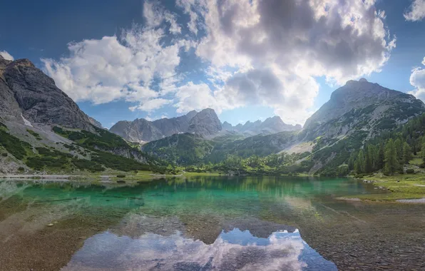Forest, trees, mountains, lake, reflection
