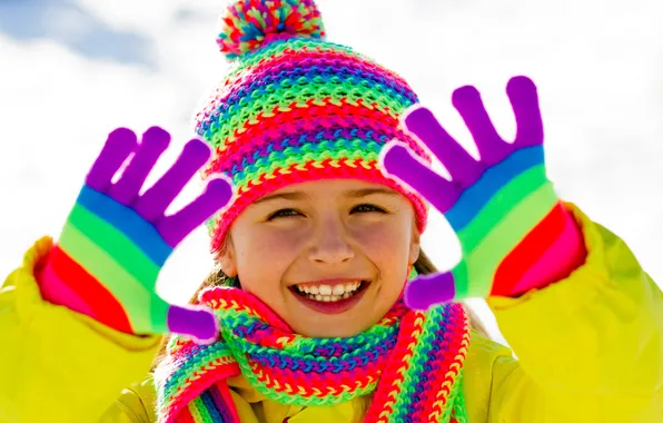 Picture winter, snow, joy, scarf, child, cap, brightness, pompom