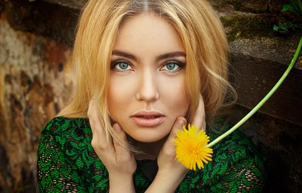 Girl, flowers, close-up, yellow, face, dandelion, portrait, hands