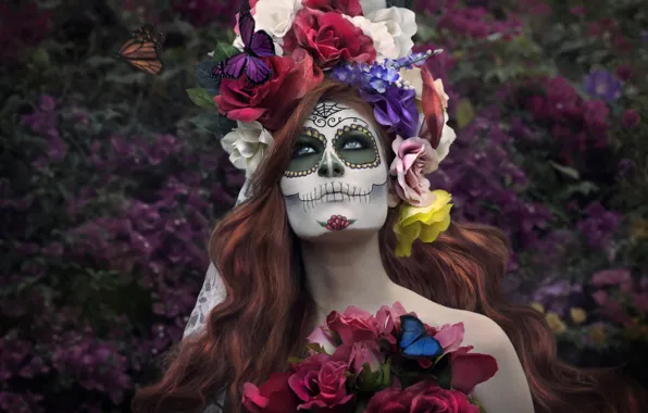 Picture girl, butterfly, flowers, face, paint, day of the dead, day of the dead