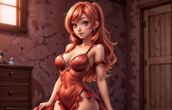 Art, beautiful, sexy, red lingerie, cartoon, erotic costume