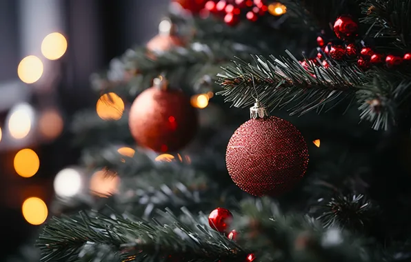 Balls, Christmas, red, New year, Christmas decorations, Christmas decorations, AI art, neural network