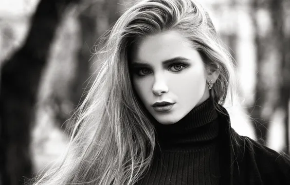 Picture girl, face, photo, model, hair, makeup, black and white, sweater
