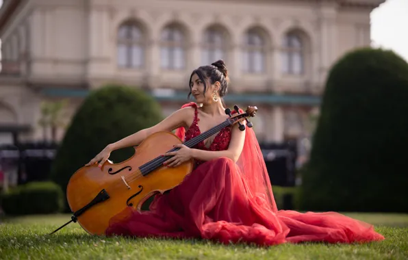 The sun, pose, lawn, model, the building, portrait, makeup, dress