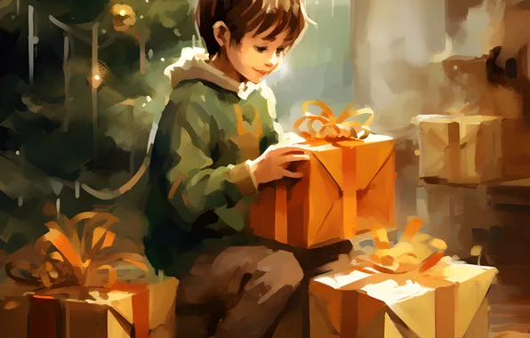 Boy, Smile, Christmas, New year, Tree, Gifts, Digital art, AI art