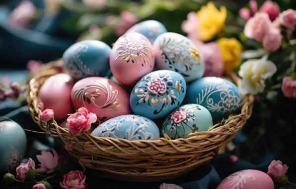 Flowers, holiday, bright, eggs, spring, blue, Easter, socket