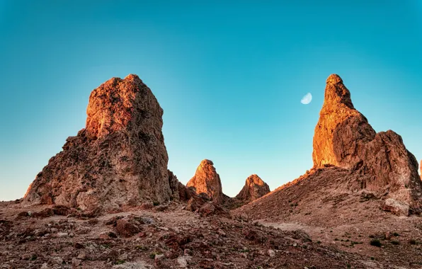 The sky, nature, rocks, the moon, desert, CA, USA, Trona pinnacles