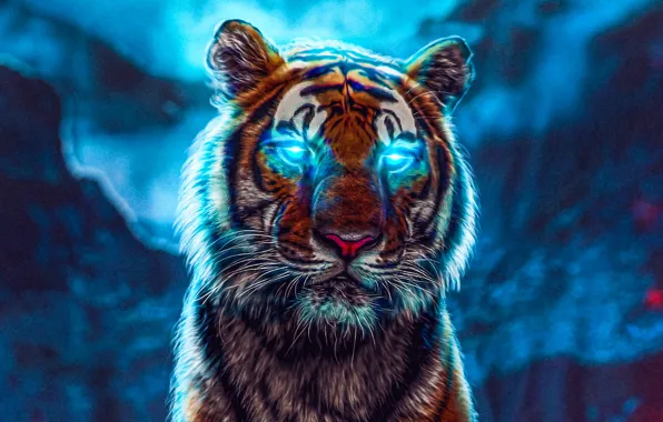 Picture tiger, blue eyes, creative, darkness, predators, Abstract Tiger, tiger at night