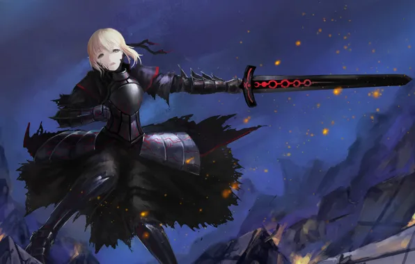Picture look, girl, weapons, sword, armor, gesture, art, fate/stay night
