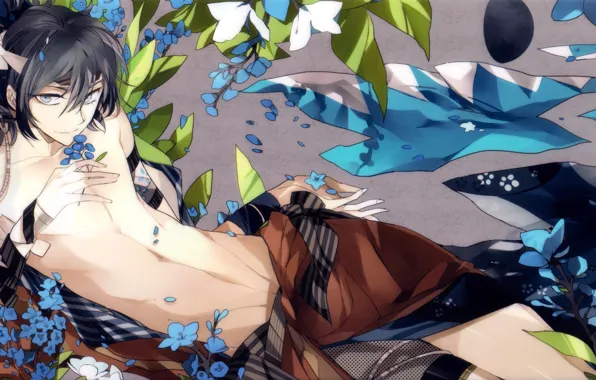 Samurai, lies, guy, forget-me-nots, Demons pale cherry, Hakuouki Shinsengumi Kitano, Keisuke Toudou, bandage on forehead