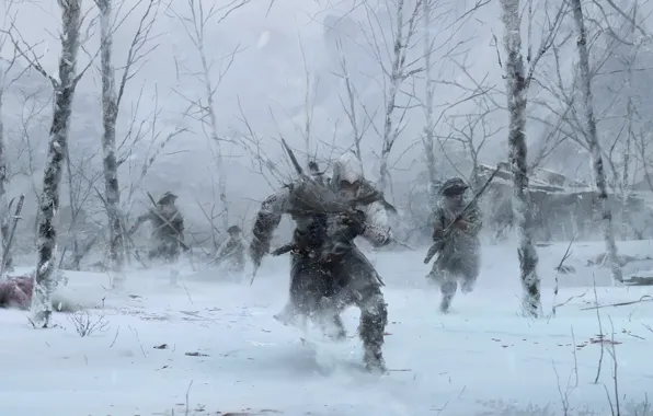 Picture winter, forest, trees, soldiers, assassin, Radunhageydu, Assassin's Creed 3, Assassin’s Creed III