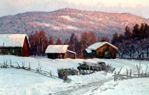 Winter, forest, landscape, hills, picture, village, houses, grove