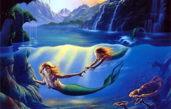 Picture sea, art, painting, mermaid, cave, Mother and Child, Jim Warren