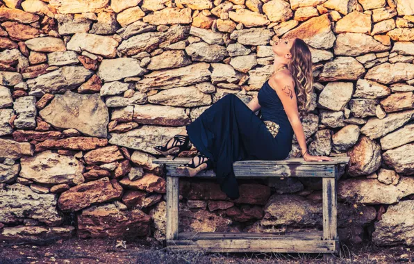 Picture girl, pose, stones, table, wall