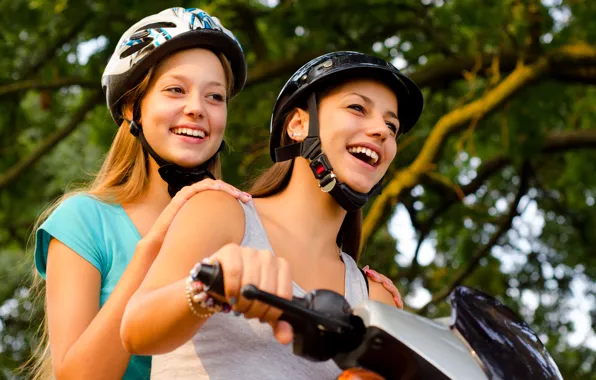 Trees, joy, girls, mood, two, the wheel, motorcycle, bike
