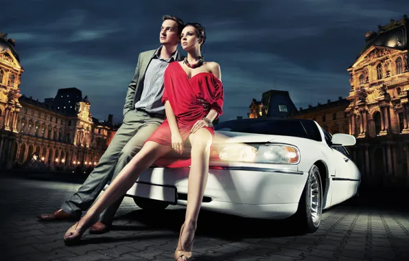 Picture machine, girl, the city, lights, building, the evening, guy, leggy