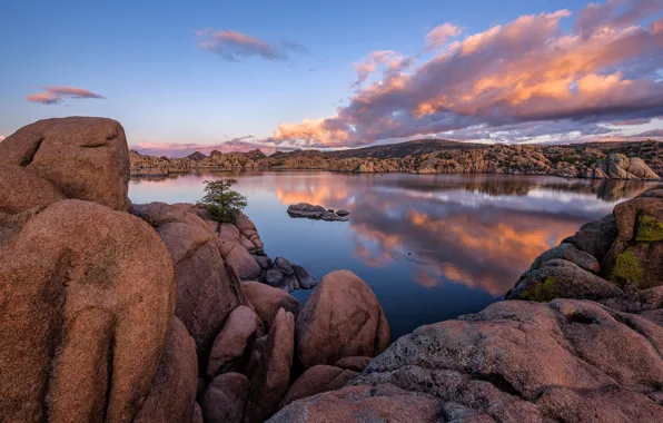 Clouds, lake, reflection, stones, rocks, AZ, USA, Arizona