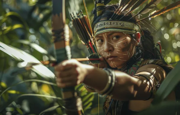 Girl, Look, Warrior, Bow, Maya, Jungle, Arrow, Digital art