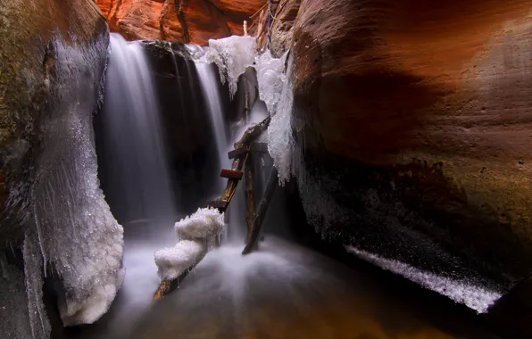 Ice, icicles, ladder, cave, Utah, USА, Kanarraville