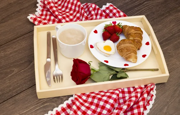 Berries, rose, coffee, strawberry, romantic, croissants, Breakfast