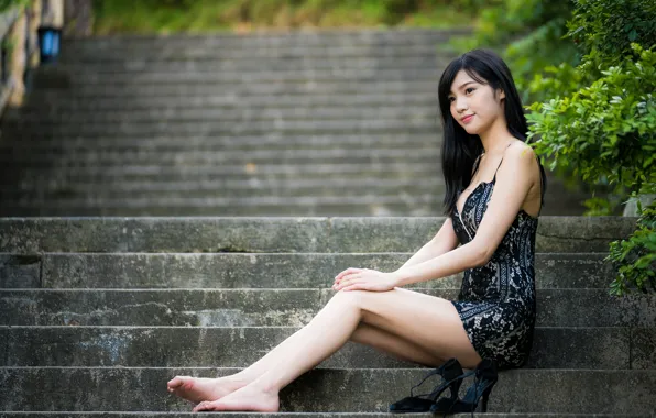 Picture brunette, ladder, steps, legs, Asian, sitting, dress
