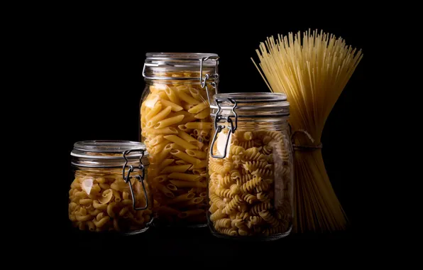 Glass, banks, black background, different, pasta, cuts, pasta