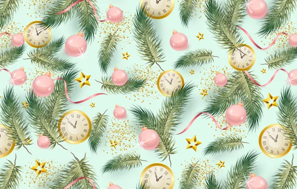 Balls, branches, background, watch, texture, Christmas, New year