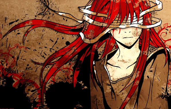 Picture blots, guy, eye patch, bloody tears, bandages, torn clothes, blood spatter, red volossy