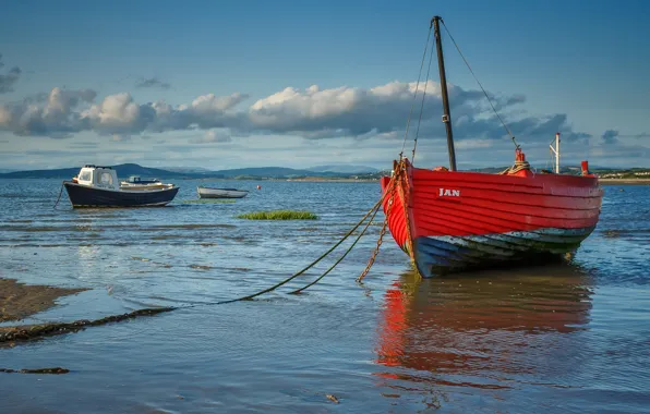 Clouds, shore, boat, Bay, UK, Morecambe Bay