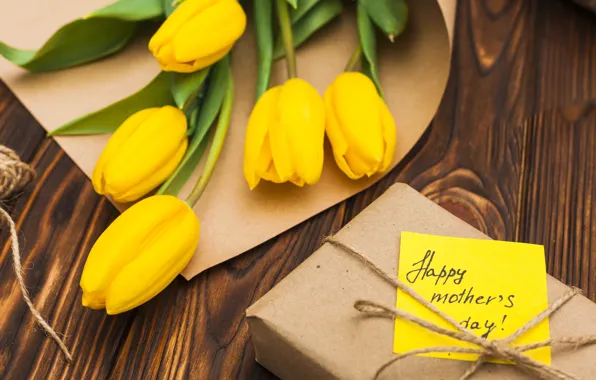 Gift, bouquet, Spring, Cute, yellow, tulips, wood, The celebration