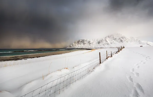 Winter, sea, snow, shore, the fence