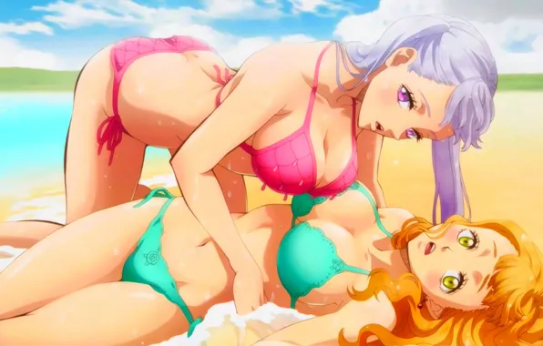 Picture sexy, cleavage, beach, long hair, sea, girls, boobs, anime
