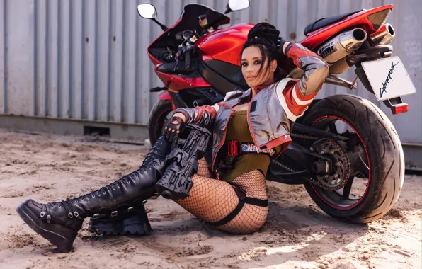 Picture model, women, cosplay, brunette, Cyberpunk 2077, fishnet pantyhose, Panam Palmer, Anna Shakhovskaya