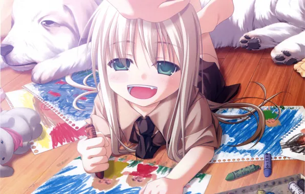 Joy, dog, drawings, girl, white hair, artist, crayons, lying on the floor