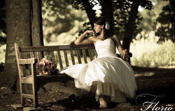 Girl, the bride, bench