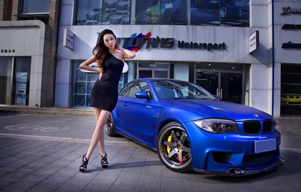 Look, Girls, BMW, dress, Asian, beautiful girl, blue auto