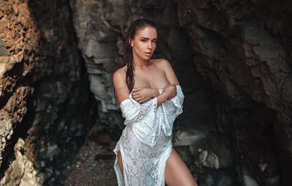 Look, girl, pose, rocks, shoulders, Gregory Levin