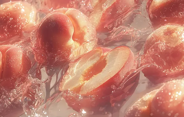 Water, transparency, light, fruit, peaches, halves, in the water, slices