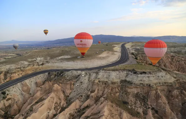 Road, the sky, mountains, balloon, Turkey, Cappadocia