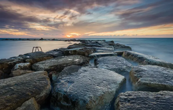 Sunset, stones, coast, Cyprus, Paphos District, Kissonerga