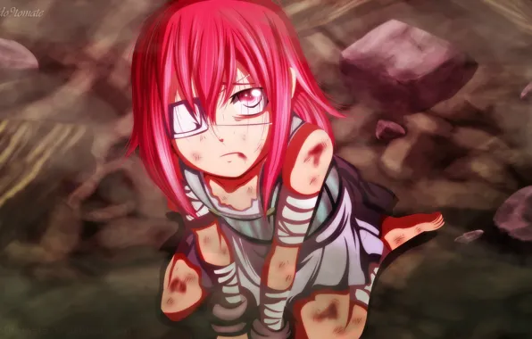 Fog, stones, blood, pain, red eyes, art, bandages, lose