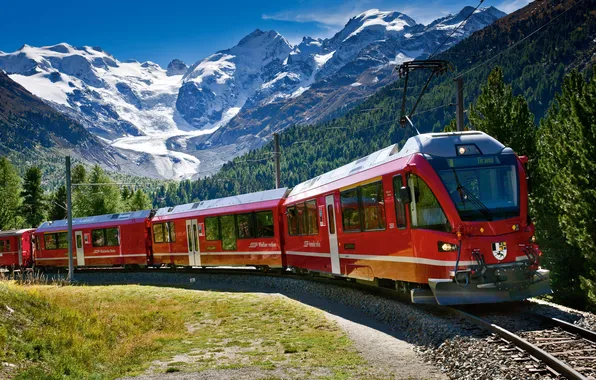 Forest, the sky, clouds, landscape, mountains, train, Switzerland, railroad