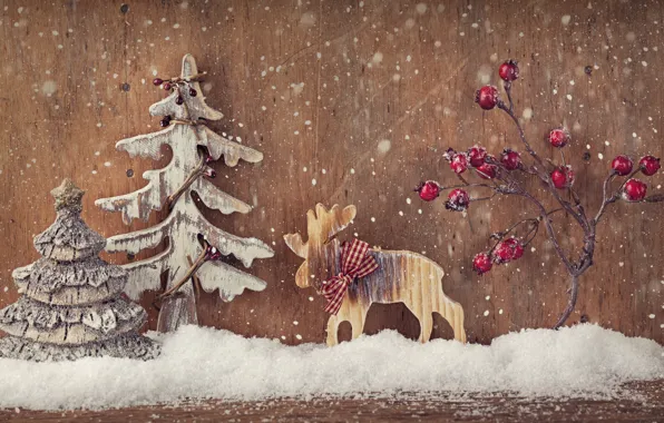 Decoration, berries, tree, New Year, Christmas, Christmas, vintage, wood