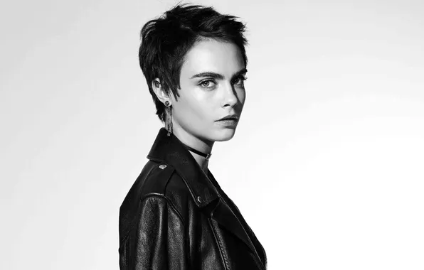 Model, makeup, actress, with short hair, model, hair, leather jacket, pose